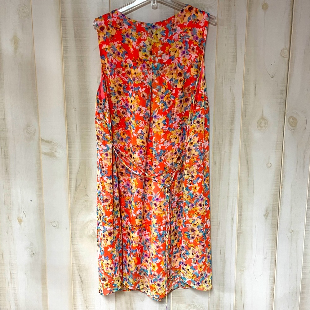 Emma & Michele Orange Yellow Teal Floral V Neck Ruffle Tie Back Dress Sz 3X - Picture 2 of 5